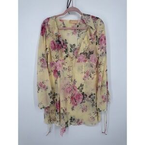 Love Triangle Mini Dress Womens 14 Yellow Floral Ruffle Detail Long Sleeve NWOT